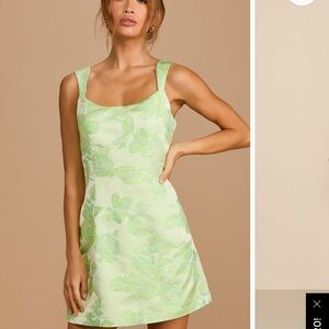 Brighter Side Light Green Floral Satin Jacquard Mini Dress